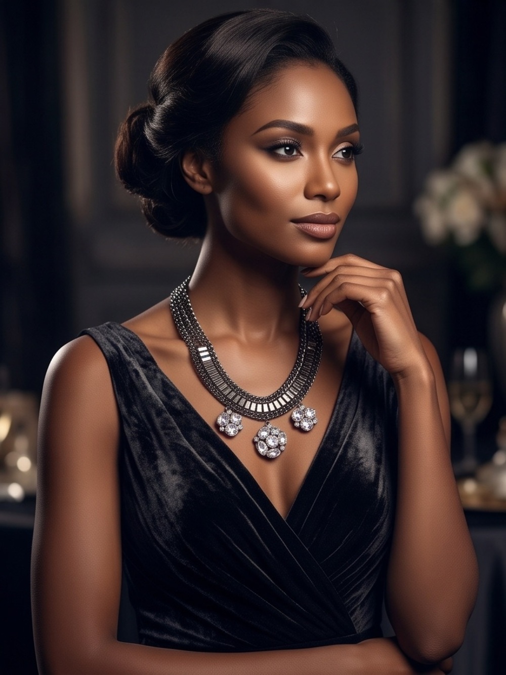 Statement Gunmetal Necklace with Clear Crystal Pendants